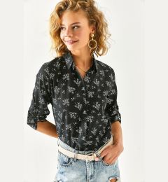 Снимка на Olalook Women's Black Floral Sleeve Fold Linen Shirt