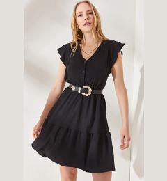 Снимка на Olalook Women's Black Frilly Buttoned Sleeve Elastic Waist Mini Dress