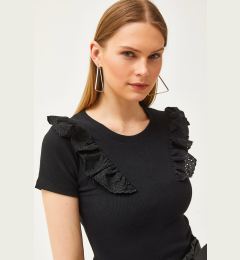 Снимка на Olalook Women's Black Scallop Detail Short Sleeve Lycra Cotton Blouse