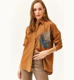 Снимка на Olalook Women's Brown Palm Sequin Detailed Oversize Woven Poplin Shirt