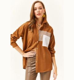 Снимка на Olalook Women's Brown Pocket Detailed Oversize Woven Shirt