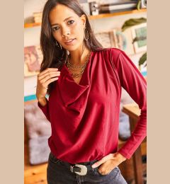 Снимка на Olalook Women's Burgundy Shoulder Pleated Degashed Collar Loose Knitted Blouse