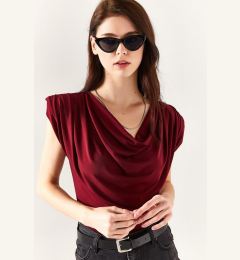 Снимка на Olalook Women's Burgundy Waisted Collar Flowy Blouse