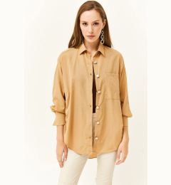 Снимка на Olalook Women's Camel Side Button Detailed Oversize Woven Shirt