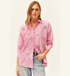 Снимка на Olalook Women's Candy Pink Sequin Detailed Woven Boyfriend Shirt