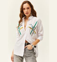 Снимка на Olalook Women's Ecru Colored Sequin Stick Woven Shirt