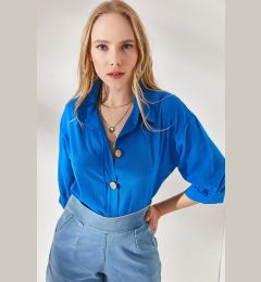 Снимка на Olalook Women's Flame Blue Wooden Button Three Quarter Sleeve Linen Shirt