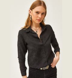 Снимка на Olalook Women's Floral Black Jacquard Satin Detailed Woven Shirt