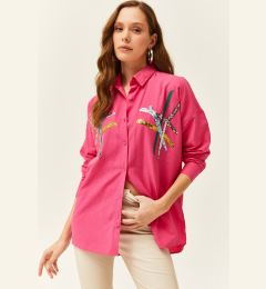 Снимка на Olalook Women's Fuchsia Color Sequin Stick Woven Shirt