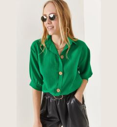 Снимка на Olalook Women's Grass Green Wooden Buttoned Three Quarter Sleeve Linen Shirt