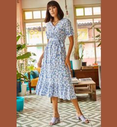 Снимка на Olalook Women's Indigo Buttoned Belted Sleeve Detailed Woven Viscose Dress