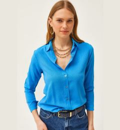 Снимка на Olalook Women's Leopard Blue Jacquard Satin Detailed Woven Shirt