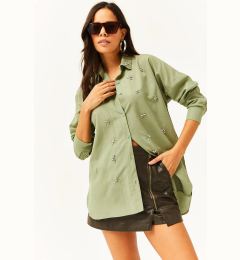 Снимка на Olalook Women's Mustard Green Six Oval Woven Shirt with Stones on the Collar and Front