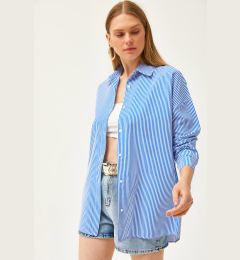 Снимка на Olalook Women's Navy Blue Striped Boyfriend Woven Shirt