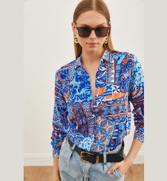 Снимка на Olalook Women's Patch Saks Blue Patterned Woven Viscose Shirt