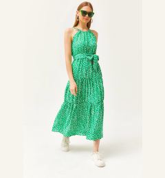 Снимка на Olalook Women's Polka Dot Green Halter Neck Belted Woven Viscon Dress