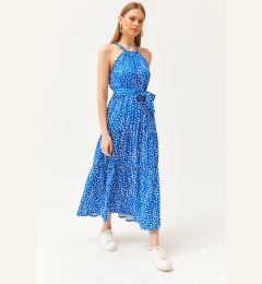 Снимка на Olalook Women's Polka Dot Sax Blue Halter Neck Belted Woven Viscon Dress