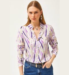 Снимка на Olalook Women's Purple Lilac Leaf Patterned Woven Viscose Shirt