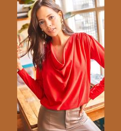 Снимка на Olalook Women's Red Off-the-Shoulder Pleated Detail Collar Loose Knitted Blouse