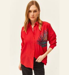 Снимка на Olalook Women's Red Palm Sequin Detailed Oversize Woven Poplin Shirt