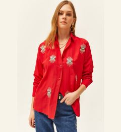 Снимка на Olalook Women's Red Sequin Detailed Woven Boyfriend Shirt