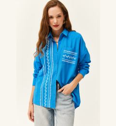 Снимка на Olalook Women's Saks Blue Pocket Detailed Printed Woven Shirt