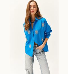 Снимка на Olalook Women's Saxe Blue Sequin Detailed Woven Boyfriend Shirt