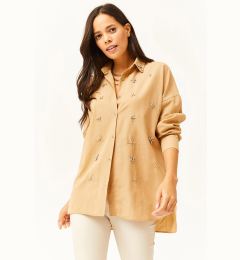 Снимка на Olalook Women's Six Oval Woven Shirt with Camel Collar and Stones on the Front