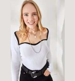 Снимка на Olalook Women's White Black Kiss Collar Crop Knitwear Blouse