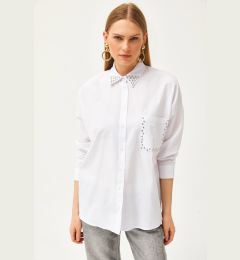 Снимка на Olalook Women's White Collar and Pocket Stone Woven Shirt