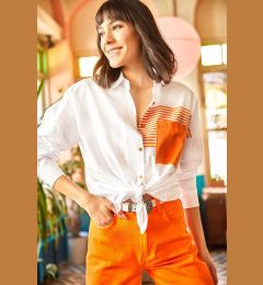 Снимка на Olalook Women's White Orange Pocket Detailed Oversize Woven Shirt