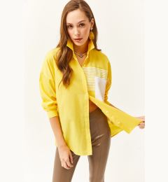 Снимка на Olalook Women's Yellow Pocket Detailed Oversize Woven Shirt