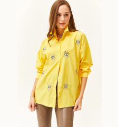 Снимка на Olalook Women's Yellow Sequin Detailed Woven Boyfriend Shirt