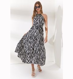 Снимка на Olalook Women's Zebra Black Halter Collar Belted Woven Viscon Dress