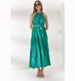 Снимка на Olalook Women's Zebra Green Barter Neck Belted Woven Viscon Dress