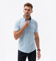 Снимка на Ombre Men's knitted slim fit shirt with short sleeves and collar - blue