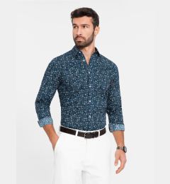 Снимка на Ombre Men's SLIM FIT patterned cotton shirt - dark blue