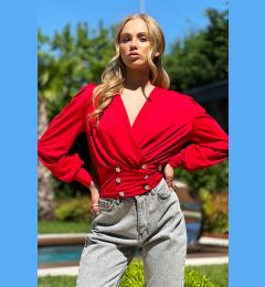 Снимка на Trend Alaçatı Stili Woman's Red Double Breasted Collar Princess Sleeve Gold Button Detailed Crop Blouse