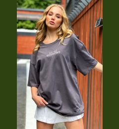 Снимка на Trend Alaçatı Stili Women's Anthracite Crew Neck Front Embroidered Oversized T-Shirt