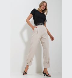 Снимка на Trend Alaçatı Stili Women's Beige Waist Belted Leg Buttoned Double Pocket Double Fabric Woven Trousers