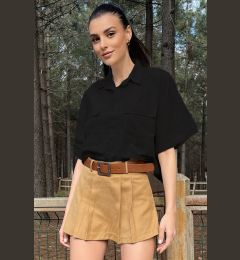 Снимка на Trend Alaçatı Stili Women's Black Double Pocket Half Sleeve Linen Shirt