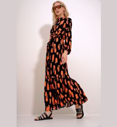 Снимка на Trend Alaçatı Stili Women's Black-Orange Crew Neck Patterned Skirt Flounce Belted Waist Maxiboy Dress