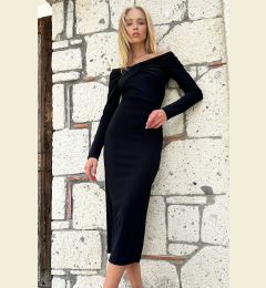 Снимка на Trend Alaçatı Stili Women's Black With a Knot Detail at the Front, Decollete Lycra Midiboy Dress