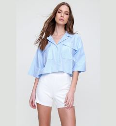 Снимка на Trend Alaçatı Stili Women's Blue Crop Poplin Shirt with Envelope Pocket