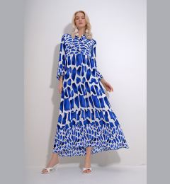 Снимка на Trend Alaçatı Stili Women's Blue Robe Buttoned Patterned Tiered Flounce Woven Viscose Dress