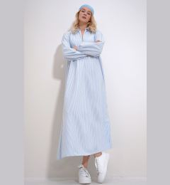 Снимка на Trend Alaçatı Stili Women's Blue Shirt Collar Zippered Front Striped Woven Maxi Dress