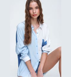 Снимка на Trend Alaçatı Stili Women's Blue Single Pocket 3 Color Block Woven Viscose Shirt