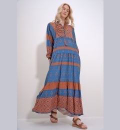 Снимка на Trend Alaçatı Stili Women's Brown-Blue Collar Tassel Detailed Layered Flounced Ethnic Patterned Woven Viscose Dress