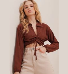 Снимка на Trend Alaçatı Stili Women's Brown Polo Neck Front Gathered Long Sleeve Crop Knitted Blouse