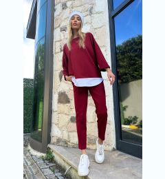 Снимка на Trend Alaçatı Stili Women's Burgundy Crew Neck Garnished Blouse & Double Pocket Ribbed Stitched Trousers Set